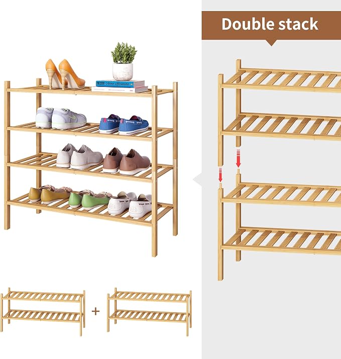 Bamboo Shoe Rack Stackable Shoe Shelf Storage Organizer for Unit Entryway Hallway and Closet Sturdy Freestanding Shoe Shelf(2 Tier Natural)