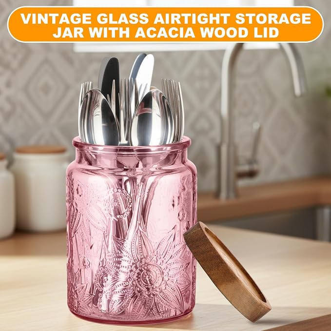 LemonRoad 4 Pcs Vintage Glass Storage Jars 23.67 oz Candy Jar Canister with Solid Wood Lids Food Storage Container for Kitchen, Ground Coffee, Tea, Sugar, Decorative Mason Cookie Jars (Pink)