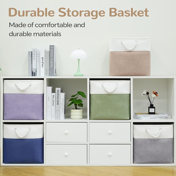 13 x 13 Inch Cube Storage Bins, 6 Pack Fabric Storage Basket with Handles, Foldable Boxes Organizer for Shelf Baskets for Home, Clothes (White/Khaki)