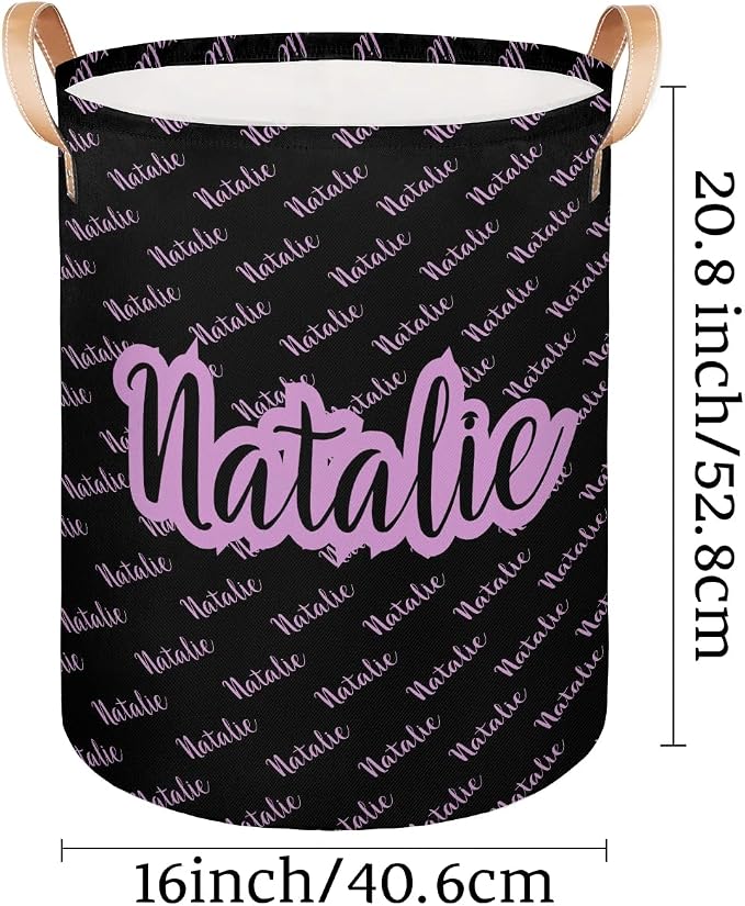 Personalized Laundry Basket, Custom Gift Laundry Hamper, Collapsible Nursery Waterproof Laundry Baskets, Dirty Clothes Toy Hamper with Handles Name Text Black Light Purple