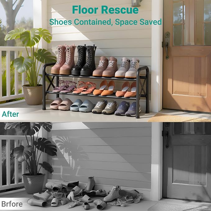 YEASHEIN 2-Tier Expandable Shoe Rack for Closet Floor, X-Frame Metal Small Shoe Rack for Entryway, Adjustable Shoe Shelf Organizer, Free Standing Shoe Racks for Front Door Entrance, Garage - Black