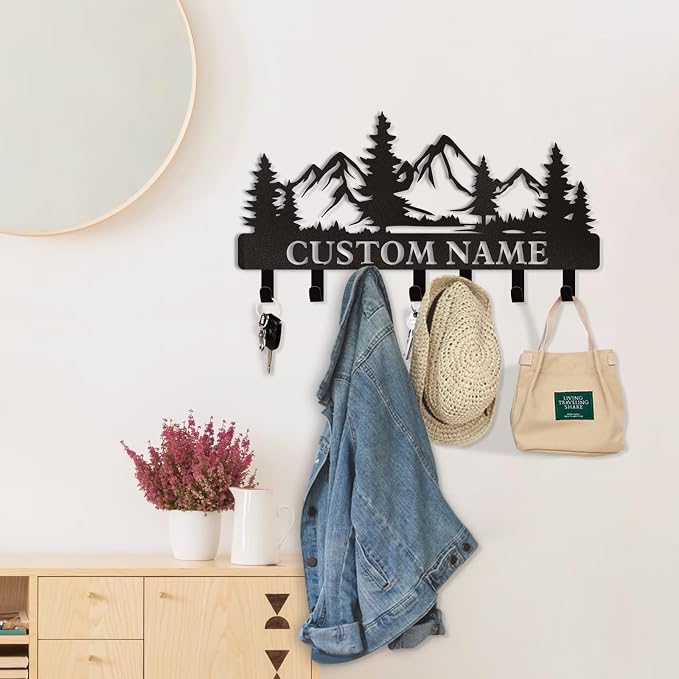 Dyoart Personalized Custom Mountain Theme Key Holder with Name, Metal Wall Mount, Coat Rack, Key Hooks, Home Decor Gift