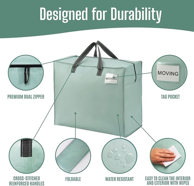 VENO 4 Pack Heavy Duty Moving Bags, Storage Bags, Packing Supplies, Top Zipper, Storage Totes for Camping, Clothes, Bedding, Comforters, Pillows (22 Gallon Light Green, 4 Pack)