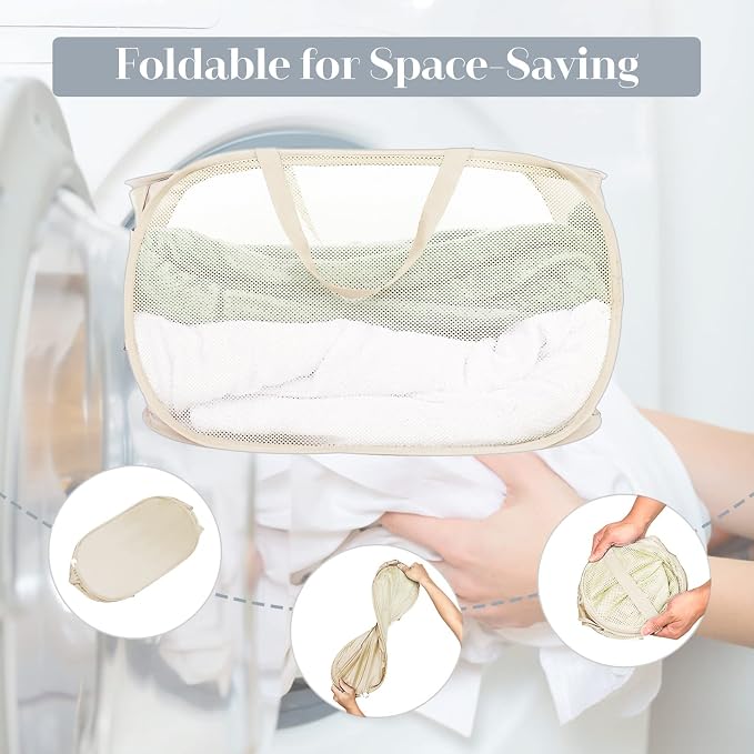 Durable Collapsible Laundry Baskets, Mesh Pop Up Laundry Hamper with Side Pocket, Foldable Clothes Storage Hamper with Reinforced Carry Handles for Laundry, Bathroom, Kids Room, Dorm or Travel Beige