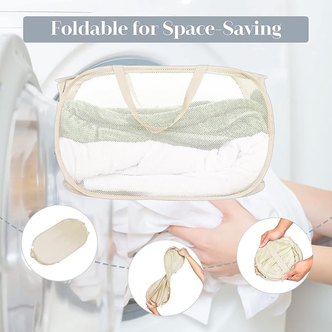 2 Pcs Durable Collapsible Laundry Baskets - Reinforced Mesh Pop Up Laundry Hamper with Pocket, Foldable Dirty Clothes Hamper with Carry Handles for Laundry, Bathroom, Kids Room, Dorm or Travel Beige