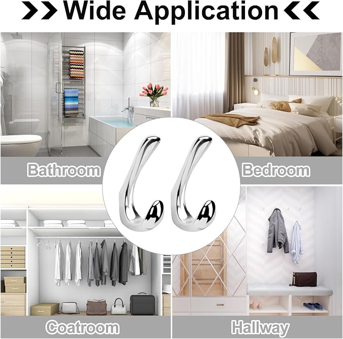 6 Pack Towel Hooks for Bathrooms Wall Mounted, Polished Chrome Bathroom Hooks for Towels, Robe & Towel Hook for Wall, Modern Bath Towel Hook