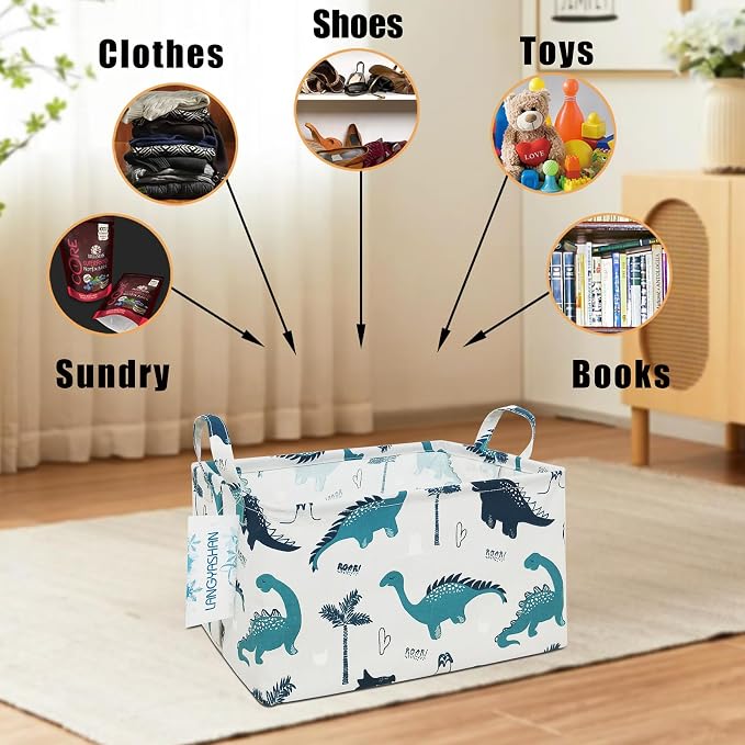 Rectangular Collapsible Storage Basket Nursery Organizer Green Dinosaur | Storage Bin Foldable Canvas with Handles for Organizing Home Kitchen Children Toys Office Closet Shelf Baskets