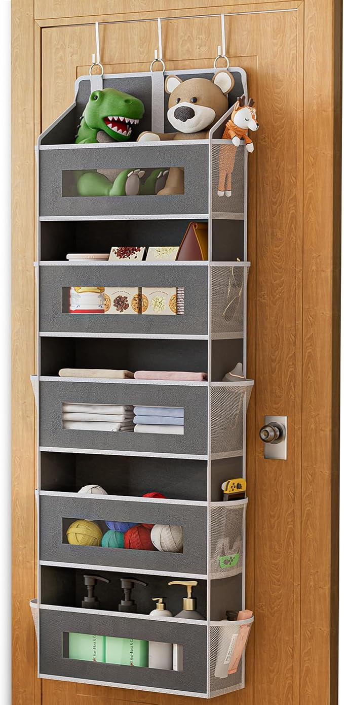 5 Tier Over The Door Organizer - Large Capacity Behind Door Hanging Shelves with 10 Mesh Pockets and Clear Windows, Closet Organizers and Storage for Bathroom, Bedroom, Nursery, Grey