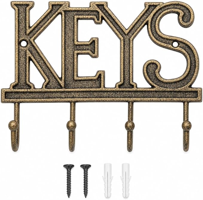 Comfify Gold-Black Cast Iron Key Holder for Wall – Keys Sign with 4 Hooks | Warm gold with black antique finish; mounting hardware included; entryway, hallway or door; 6"H x 8"L; holds 8 keychains