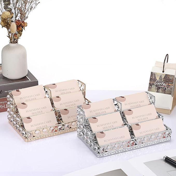 Hipiwe 3 Tiers Crystal Business Card Holder Gold Business Card Display Stand with 6 Slots Name Card Organizer for Office Exhibition Business