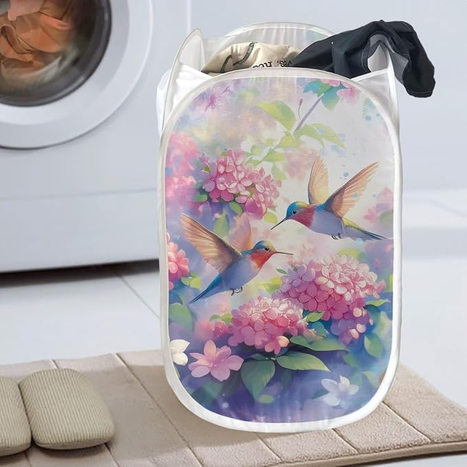 AFPANQZ Hummingbird Mesh Popup Laundry Hampers Foldable Portable Dirty Clothes Basket Organizer Collapsible Hamper for Bedroom, Kids Room,College Dorm and Travel 85L