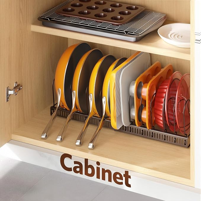 ORDORA Pots and Pans Organizer under Cabinet with Pan Holder: Expandable 11.8"-22.8" Kitchen Cabinet Organizer Rack, 12 Adjustable Dividers Storage for Cookie Sheets, Cutting Boards & Lid, Bronze