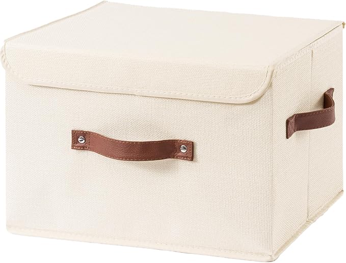 Collapsible Storage Boxes Baskets with Lid Cotton Linen Fabric Storage Bins with Faux Leather Handles Decorative Washable Cube Organizer Container for Home Closet Bedroom (Beige, Large Size)