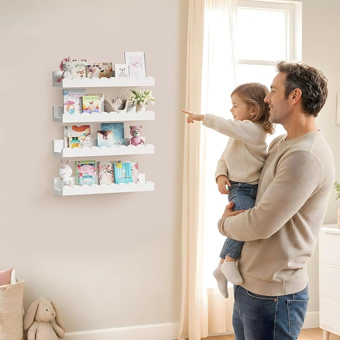 4-Pack Scalloped Shelves, Nursery Shelves for Wall, Floating Nursery Book Shelves for Kids, White