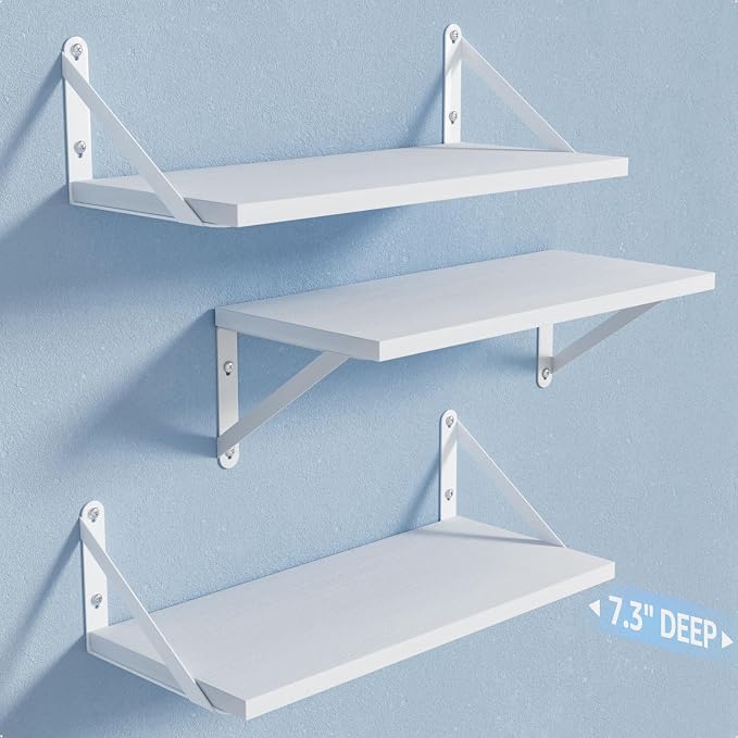 COCOYA Wall Shelves 7.3" Deep Solid Paulownia Wood (White, Set of 3) | 15mm Thick, Wider & Longer & Stronger, Easy to Install, For Laundry Room Bathroom Bedroom, Office Storage Organizer