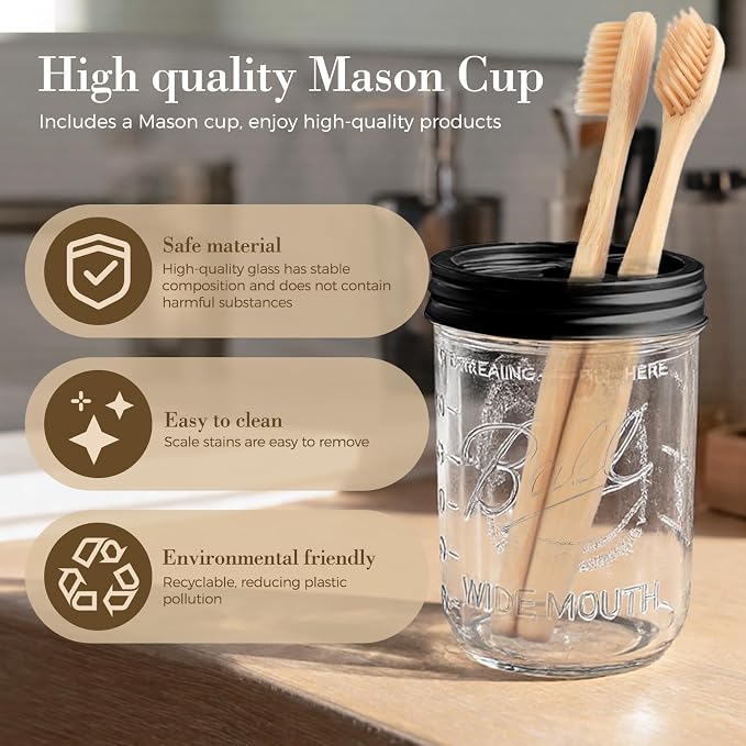 2Pcs Mason Jar Toothbrush Holder 16oz Glass with Rustproof Stainless Steel - Farmhouse Décor Bathroom Toothbrush Holder（Black）