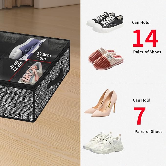 Onlyeasy 2 Pack Under Bed Shoe Storage Organizers with Handles & Clear window (Fit 14 +14 Pairs), Sturdy Underbed Box Organizer Shoe Storage Bags for Kids & Adults, Linen-like Black, MXAUBS14S14