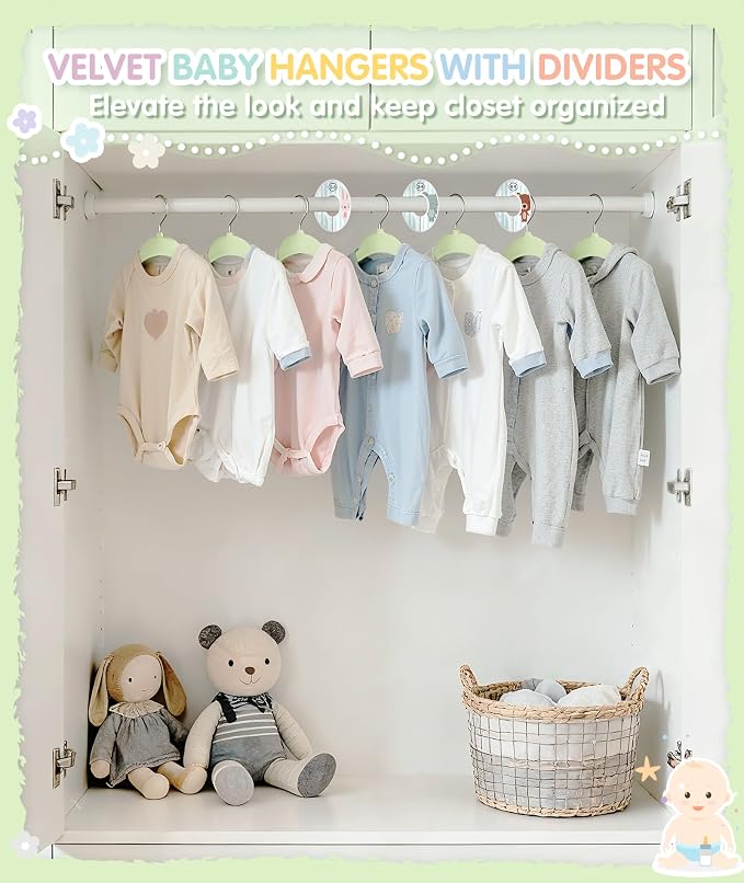 VIS'V Velvet Baby Hangers with 6 Pcs Dividers, 11 Inch, Lime Green, 30 Pcs | Compact Size, Non Slip, Infant Toddler Nursery Closet Organization