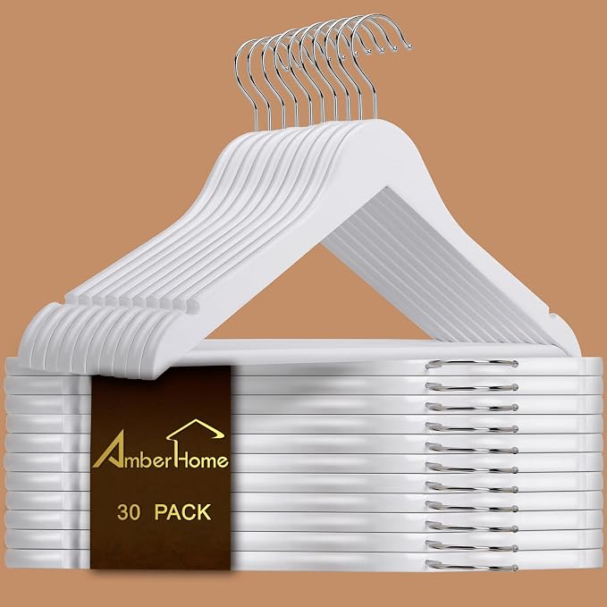 Amber Home 30 Pack White Wooden Coat Hangers, White Wood Suit Hangers with Non-Slip Pant Bar, Clothes Hangers for Closet Organization, Shirts, Jackets, Dresses, and Pants (White, 30)