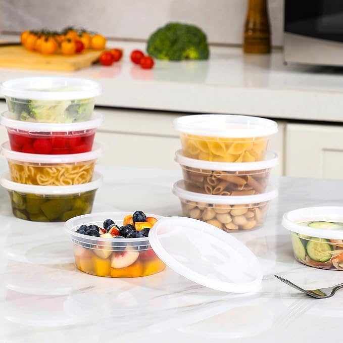 AOZITA 100 Sets 8 oz Plastic Deli Containers With Lids, Airtight Food Storage Containers, Freezer/Dishwasher/Microwave Safe, Takeout Meal Prep Storage