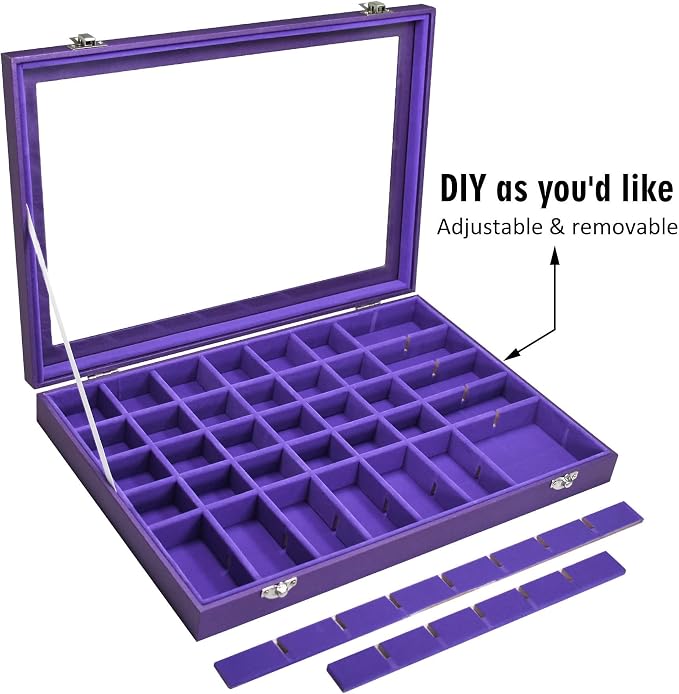 Siveit Jewelry Tray Organizer Box 48 Grid Jewelry Display Organizer Box with Transparent Lid Rings Earrings Necklaces Pendants Display Box Suitable for Women and Girls (48 Grid, Purple)