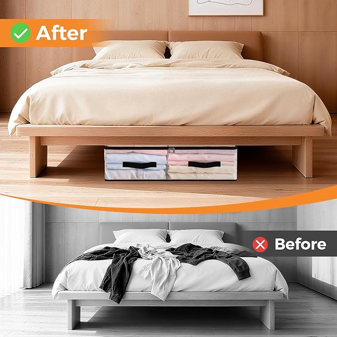 6 Pack Under Bed Storage Bags, 60L Foldable Clear Storage Containers with Handles, Dual Zippers for Comforter, Clothes, Bedding, Linen Sheets, Sweaters, Blanket Storage