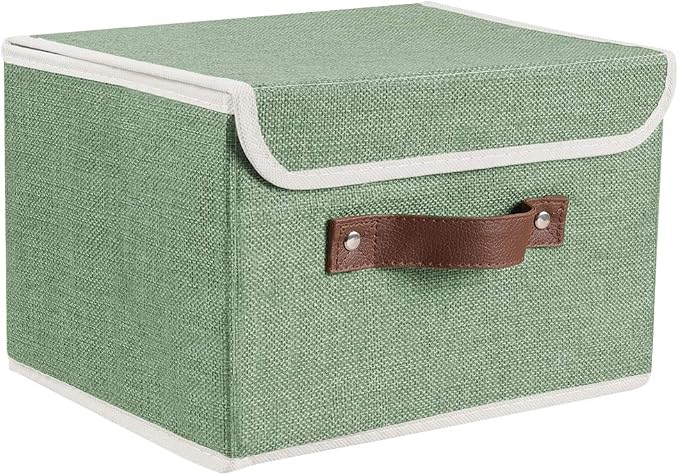 2Pack Storage Bins Boxes with Lids 15"x10"x10" Decorative Storage Baskets | Cotton Linen Fabric, Collapsible, Faux Leather Handles, Storage Cubes, Closet Shelf Clothes Organizer Container, Green