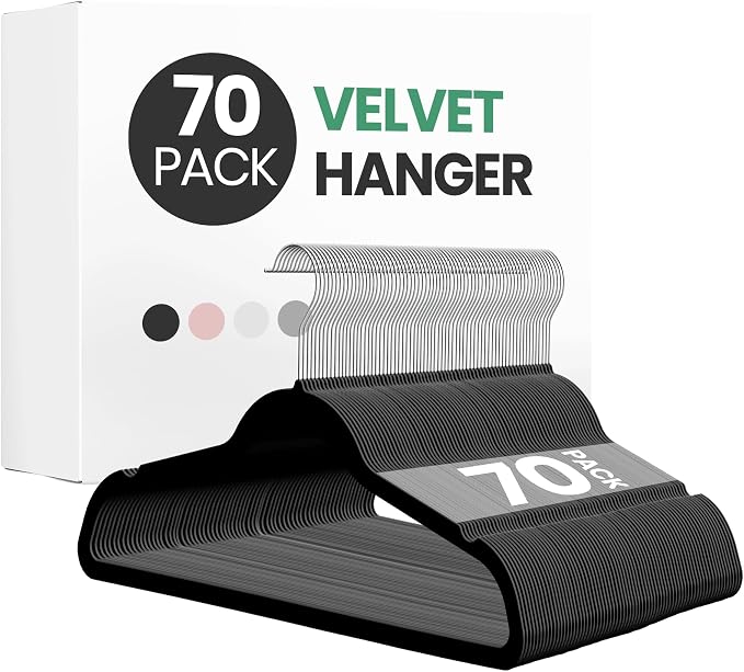 InfiniPower 70 Pack Velvet Hanger, Heavy Duty Clothes Hangers for Coat, Pants & Dress, Non-Slip Hanger Set with Shoulder Notches, 360° Swivel Hook, Space Saving Felt Hangers, Black