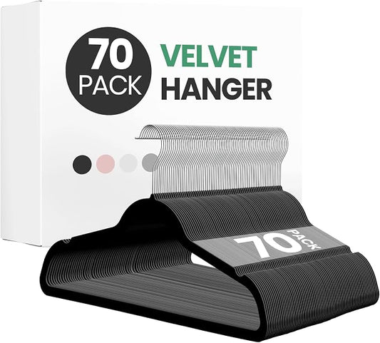 InfiniPower 70 Pack Velvet Hanger, Heavy Duty Clothes Hangers for Coat, Pants & Dress, Non-Slip Hanger Set with Shoulder Notches, 360° Swivel Hook, Space Saving Felt Hangers, Black