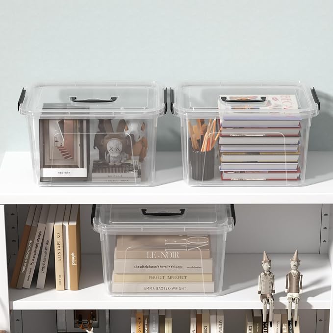 Wekioger 4 Packs Plasitc Lidded Storage Bins, Clear Latching Boxes with Handles (10 Quart)