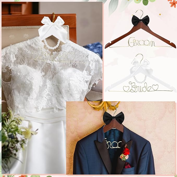 Beeveer 2 Pcs Bride Hanger for Wedding Dress Bride and Groom Wooden Wedding Dress Hanger Set with Bow Tie for Tuxedo Suit Gift Bridal Party Shower