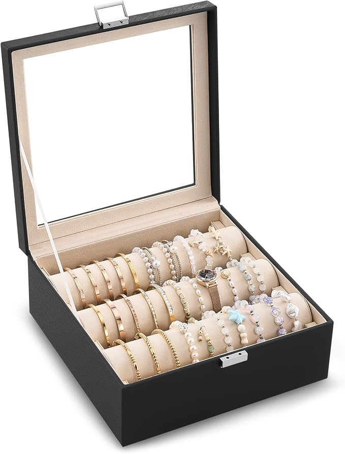 Lolalet Bracelet Display Holder with Rods for Bangles Watches, Clear Lid Jewelry Organizer Box Storage Case for Women Girls -Black, 3 Rolls