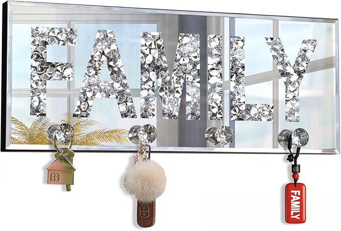 Crushed Diamond Mirrored FAMILY Letter Plaque Sign - 15" Silver Mirror Key Holder with 4 Crystal Acrylic Hooks, Wall Mounted Key Hanger for Kitchen, Great Room, Hallway-Glam Art Deco Family Rules Sign