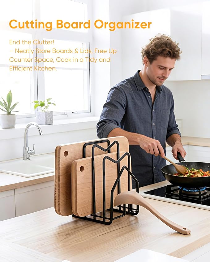 LINFIDITE Cutting Board Holder Chopping Boards Organizer Holder Kitchen Countertop Pot Pan Lids Rack Kitchenware Organizer Flat Steel 4.92 x 5.7 x 8.47 in. Black