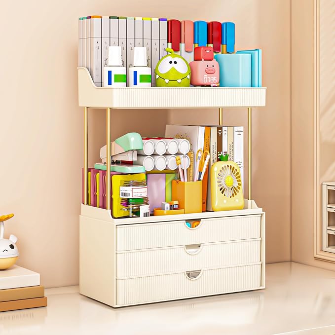 caktraie Bathroom Organizers and Storage - 3 Drawers 2 Tier Makeup Organizer, Cosmetic Storage Drawer for Dresser Countertop and Bathroom Vanity for Large Skincare, Perfume, Cream White