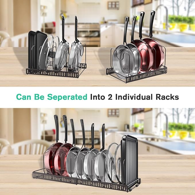 Puricon Expandable Pot and Pan Organizer for Cabinet with 10 Dividers, Adjustable Pots and Pans Organizer Rack Pan Lid Cookware Bakeware Baking Storage Holder for Kitchen Countertop Pantry -Bronze | 10 Dividers, Adjustable, Lid Cookware Bakeware Baking...