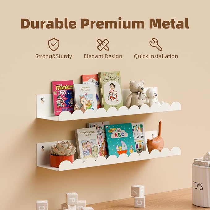 Nursery Book Shelves,Kids Bookshelf and Toy Storage,17 Inch Metal Floating Shelves Set of 4,Wall Shelves for Bedroom, Kids Room,Bathroom,Kitchen,Playroom Decor,Nursery Decor (White Metal, 17 inch)