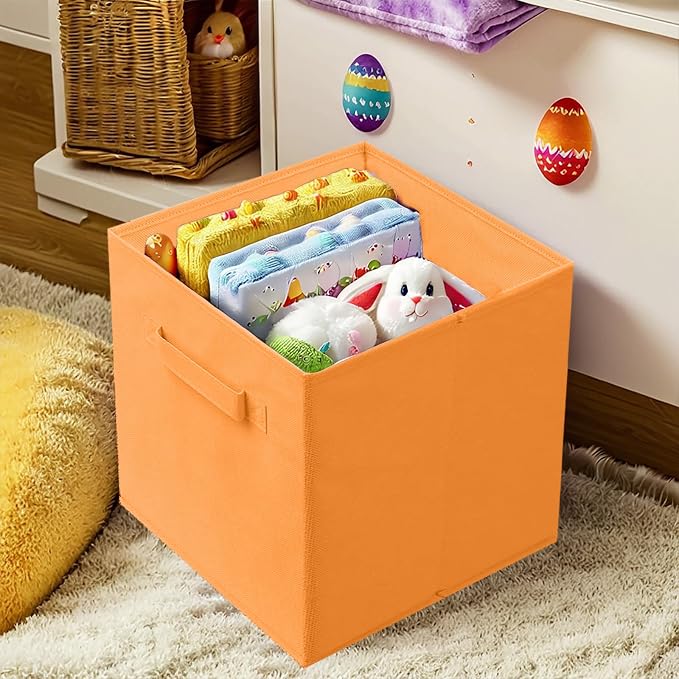 PowerKing Collapsible Storage Cubes with Handles, Fabric Foldable Bins for Closet Shelves, Durable Organization Storage Bins, 10.5'' x 11'' x 10.5'', 2 Pack, Orange