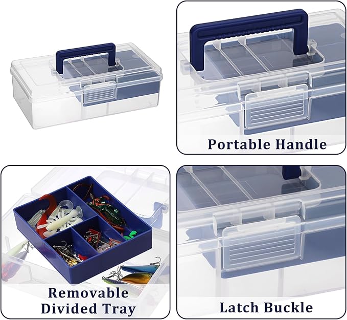JUXYES Carry Craft Organizers Storage Box with Handle Lid and Diveded Tray | Clear Plastic Art Bin Sewing Storage Containers Tackle Box, 2 Layers Portable Storage Case for Craft, School Office Supplies