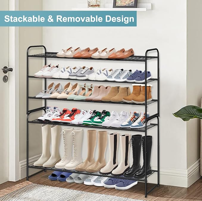 AOODA Long 3 Tier Metal Shoe Rack for Closet Wide Stackable Shoe Storage Organizer for Entryway, Bedroom, Floor, 24-Pairs Men Sneakers Shoe Shelf with Wire Grid, Black