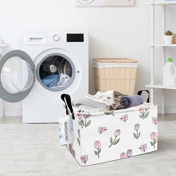 Rectangular Collapsible Romantic Tulip Storage Basket Nursery Organizer | Storage Bin Foldable Canvas with Handles for Organizing Home Kitchen Children Toys Office Closet Shelf Baskets