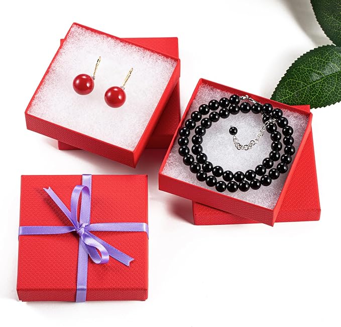 Magicool 40 Pack Red Cardboard Jewelry Boxes with Lids and Cotton, 3.5x3.5x1 Inch, Perfect for Earrings, Bracelets, Necklaces, Rings, Gifts