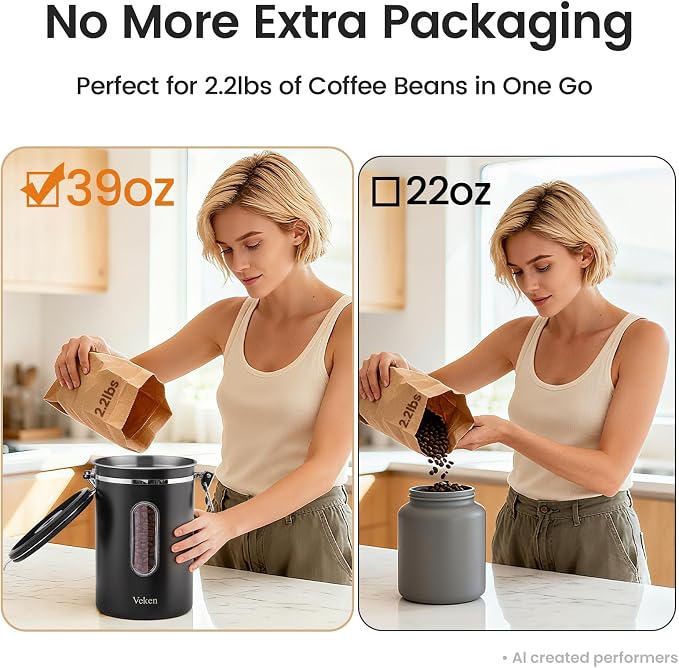 Veken Large Coffee Canister with Window, Kitchen Food Storage Airtight Stainless Steel Container for 2.2lbs Coffee Beans, Grounds, Rice,Tea, Flour, Cereal, Sugar Jars,Date Tracker and Scoop 39oz,Black