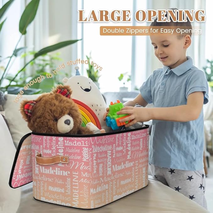 Custom Storage Basket with Name, Personalized Keepsake Box with Zipper Lid, Foldable Fabric Memory Bin Large capacity with Handle Pink Apricot