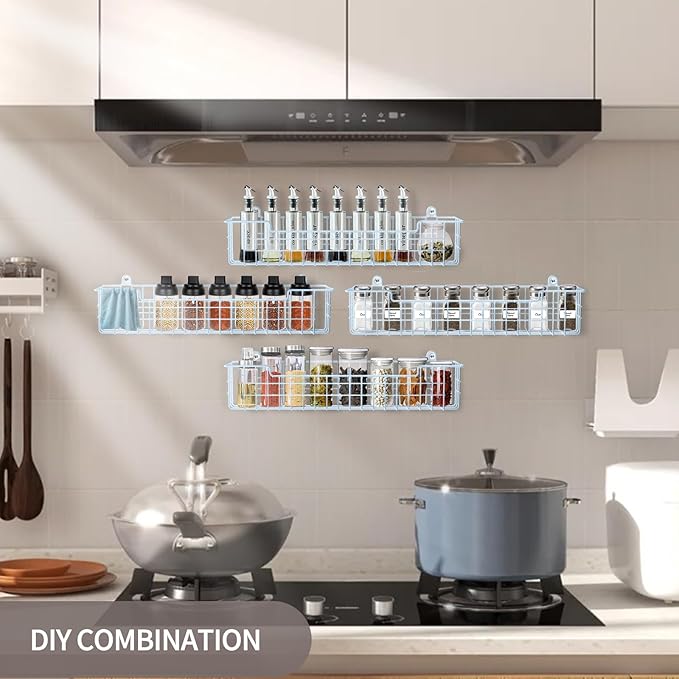 Spice Rack Wall Mount, 4-Pack Seasoning Organizer for Kitchen Storage Organization, Metal Spice Holder Saving Space Shelf for Cabinet, RV, Pantry, Blue