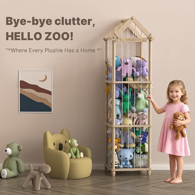 Stuffed Animal Storage Zoo, 65" Extra Large Wooden Plush Toy Organizer, Solid Pine Toy Holder with 3D Sign & Sturdy Base, Vertical Corner Stuffed Animal Cage for Nursery Playroom