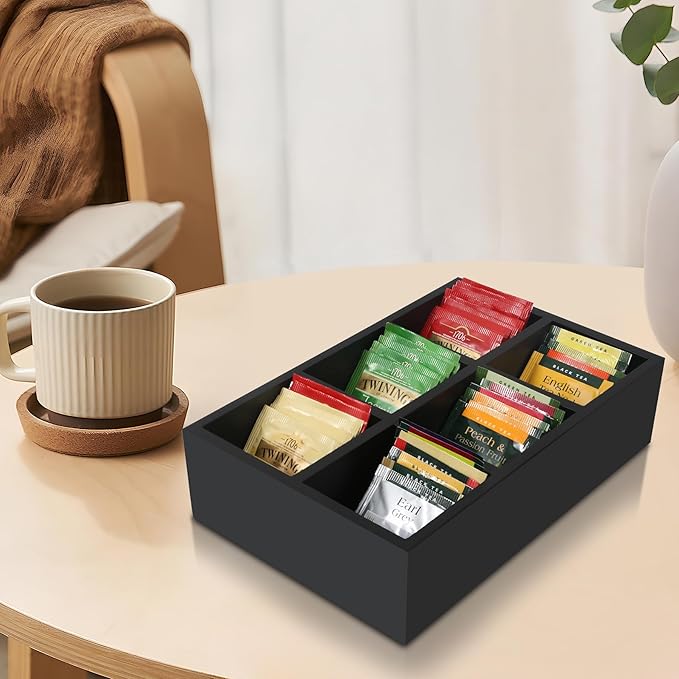Tea Bag Box Black 6 Compartments Tea Organizer Storage Wood Drawer Station | Tea Bag Holder Large Sugar Packet Holder Coffee Bar Station Sweeteners Condiment Organizer Tea Bag Organizer Caddy
