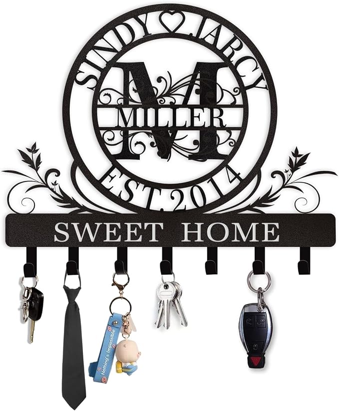 Dyoart Personalized Key Holder for Wall, Custom Family Name Metal Wall Key Hanger, Key Hooks with Monogram Design, Key Rack Holder Wall Mount for Living Room Bedroom, Anniversary Couple Gift