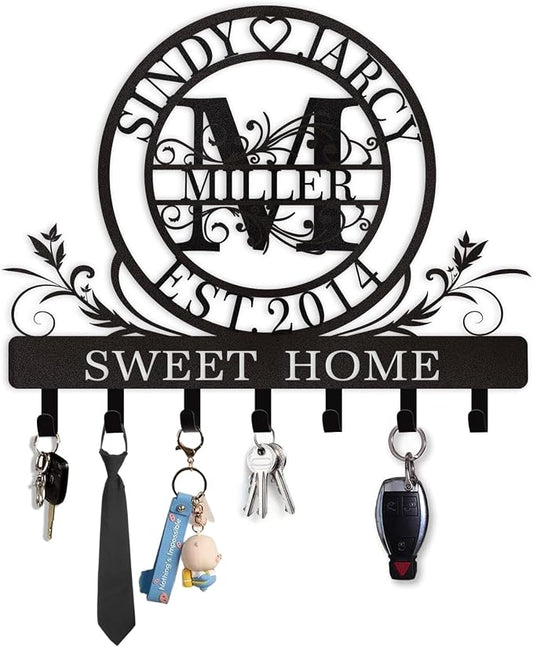 Dyoart Personalized Key Holder for Wall, Custom Family Name Metal Wall Key Hanger, Key Hooks with Monogram Design, Key Rack Holder Wall Mount for Living Room Bedroom, Anniversary Couple Gift
