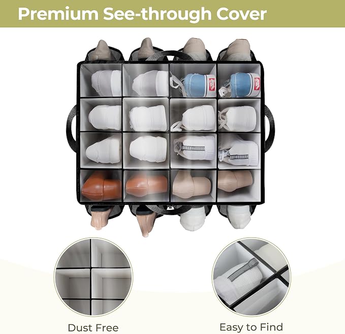 Shoe Organizer for Closet, Shoe Storage Solution with Clear Cover & Adjustable Dividers, Fabric Shoe Box Fits 16 +8 Pairs Shoes, Black, 2-Pack